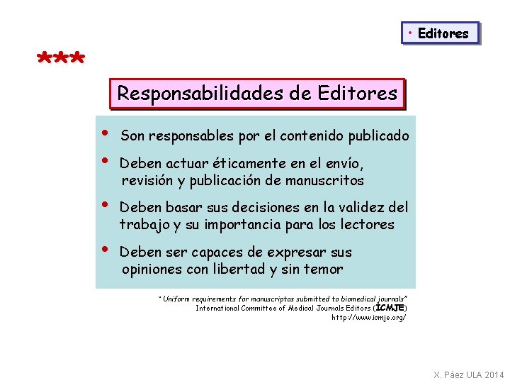  • Editores *** Responsabilidades de Editores • • Son responsables por el contenido
