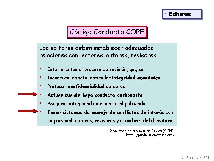  • Editores… Código Conducta COPE Los editores deben establecer adecuadas relaciones con lectores,