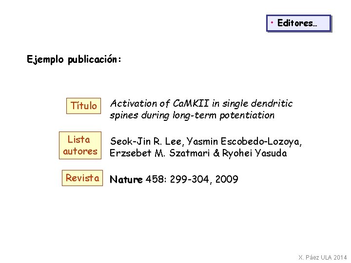  • Editores… Ejemplo publicación: Título Activation of Ca. MKII in single dendritic spines