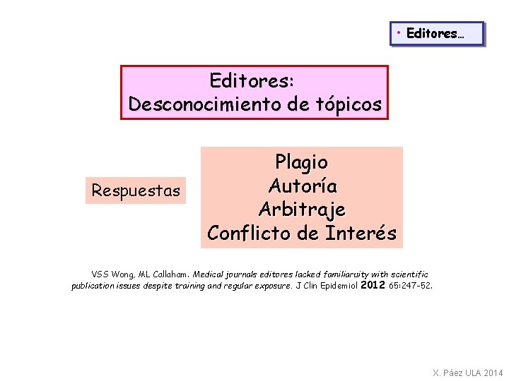 • Editores… Editores: Desconocimiento de tópicos Respuestas Plagio Autoría Arbitraje Conflicto de Interés