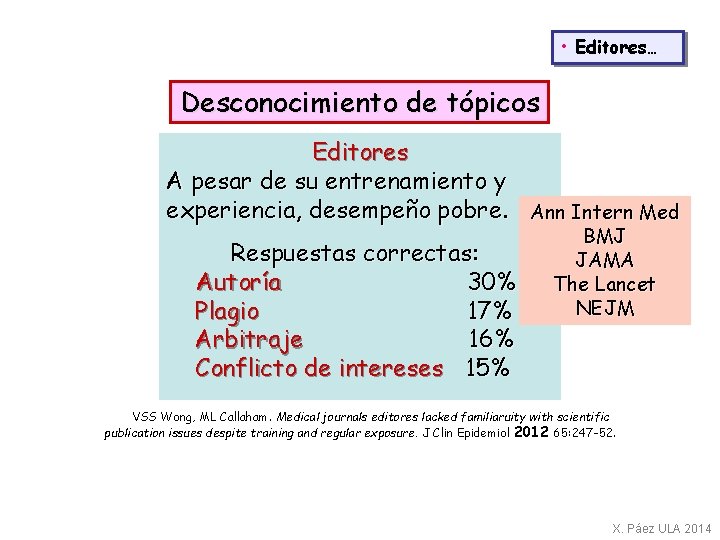  • Editores… Desconocimiento de tópicos Editores A pesar de su entrenamiento y experiencia,