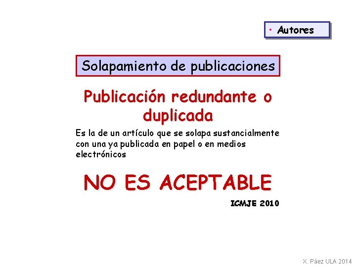  • Autores Solapamiento de publicaciones Publicación redundante o duplicada Es la de un