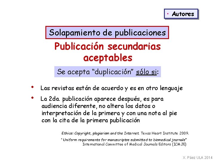  • Autores Solapamiento de publicaciones Publicación secundarias aceptables Se acepta “duplicación” sólo si: