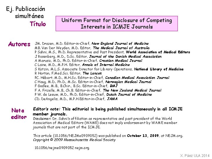 Ej. Publicación simultánea Título Autores Nota editor Uniform Format for Disclosure of Competing Interests