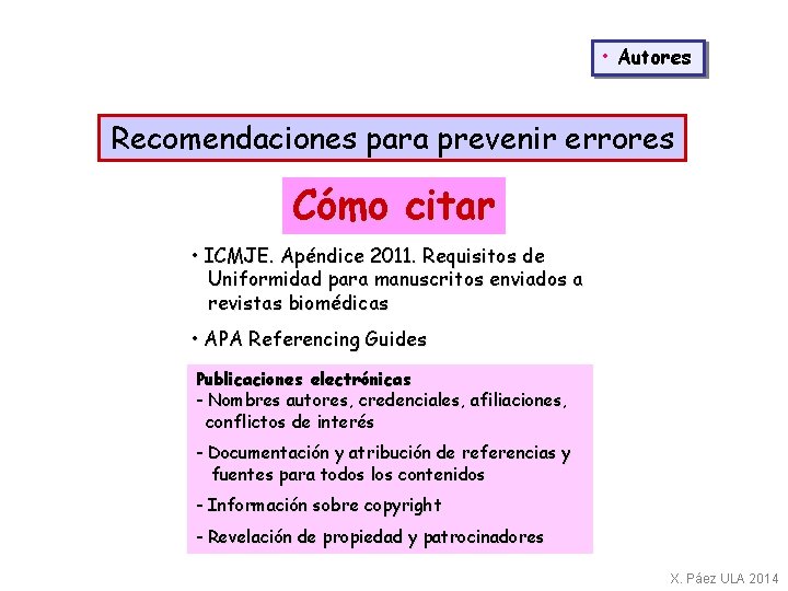  • Autores Recomendaciones para prevenir errores Cómo citar • ICMJE. Apéndice 2011. Requisitos