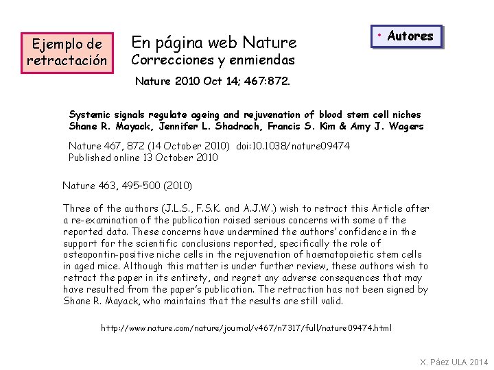 Ejemplo de retractación En página web Nature • Autores Correcciones y enmiendas Nature 2010