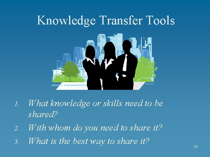 Knowledge Transfer Tools 1. 2. 3. What knowledge or skills need to be shared?
