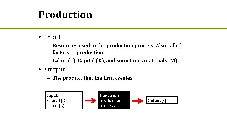 Production • Input – Resources used in the production process. Also called factors of