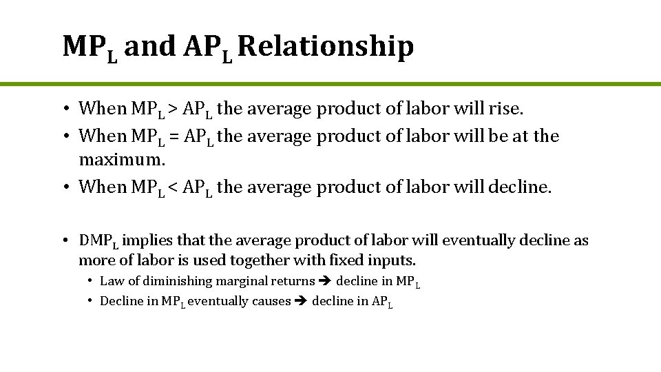 MPL and APL Relationship • When MPL > APL the average product of labor