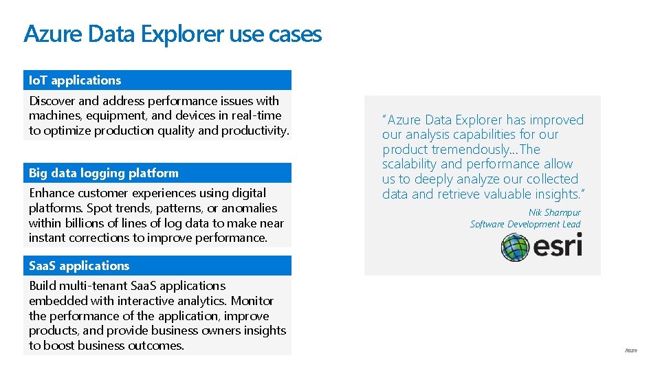 Azure Data Explorer use cases Io. T applications Discover and address performance issues with