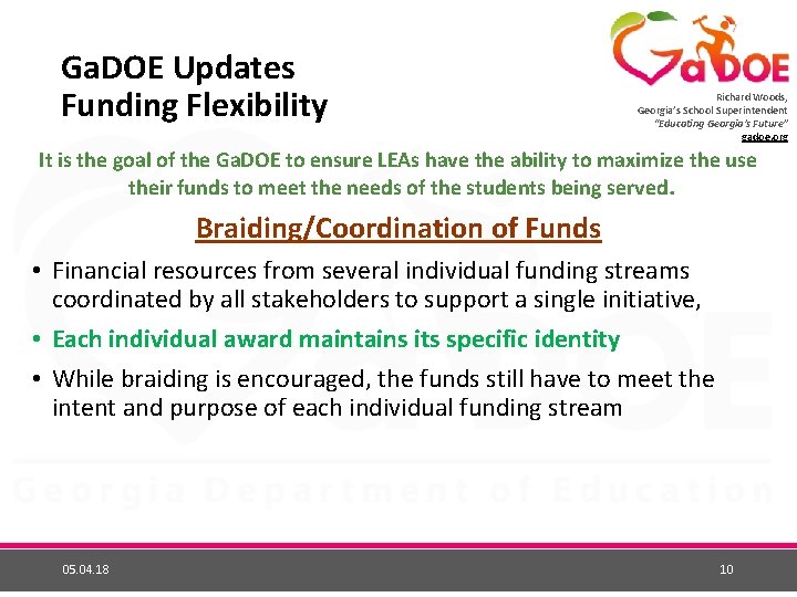 Ga. DOE Updates Funding Flexibility Richard Woods, Georgia’s School Superintendent “Educating Georgia’s Future” gadoe.