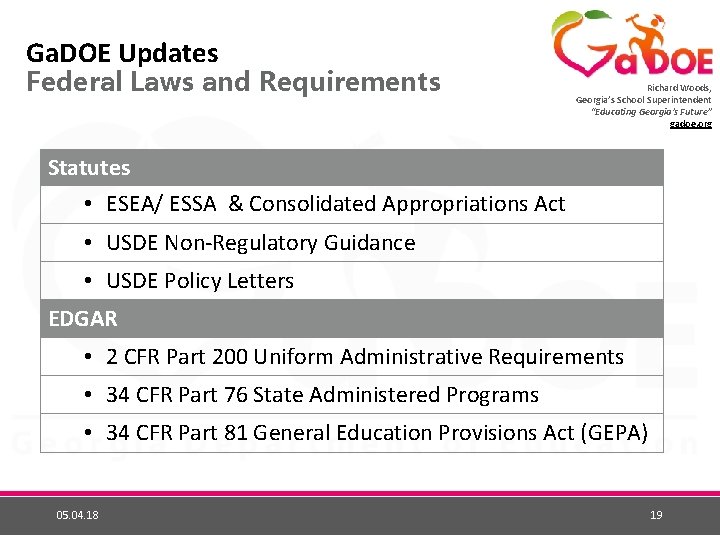 Ga. DOE Updates Federal Laws and Requirements Richard Woods, Georgia’s School Superintendent “Educating Georgia’s