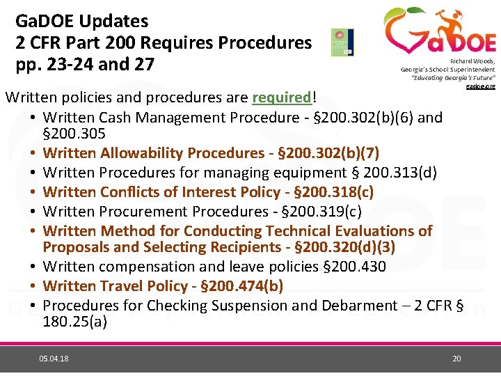 Ga. DOE Updates 2 CFR Part 200 Requires Procedures pp. 23 -24 and 27