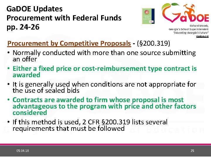 Ga. DOE Updates Procurement with Federal Funds pp. 24 -26 Richard Woods, Georgia’s School