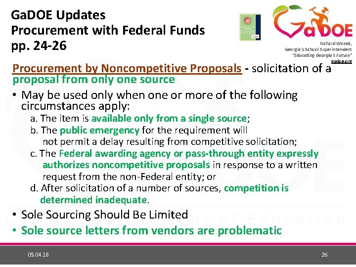 Ga. DOE Updates Procurement with Federal Funds pp. 24 -26 Richard Woods, Georgia’s School