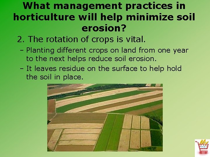 What management practices in horticulture will help minimize soil erosion? 2. The rotation of