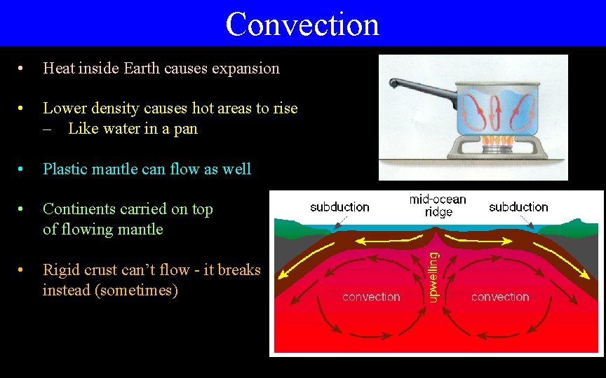 Convection • Heat inside Earth causes expansion • Lower density causes hot areas to