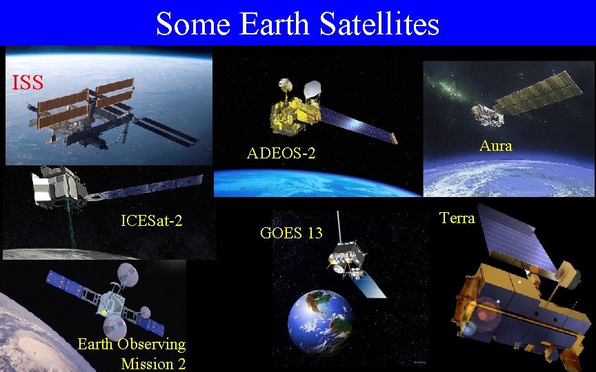 Some Earth Satellites ISS Aura ADEOS-2 ICESat-2 Earth Observing Mission 2 GOES 13 Terra