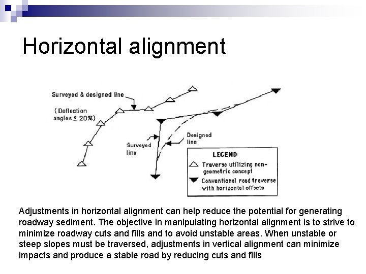 Horizontal alignment Adjustments in horizontal alignment can help reduce the potential for generating roadway