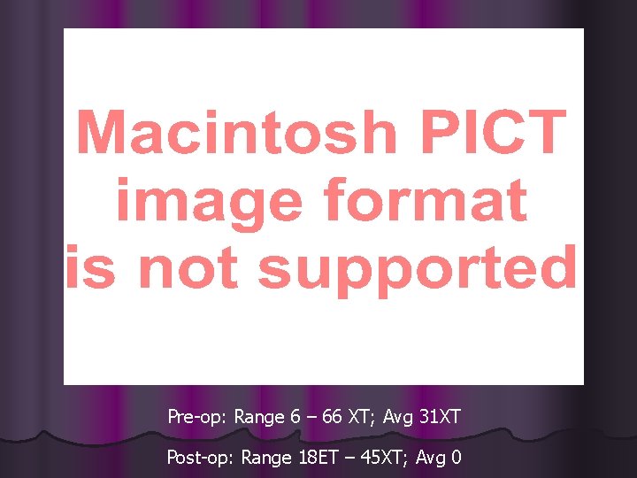 Pre-op: Range 6 – 66 XT; Avg 31 XT Post-op: Range 18 ET –