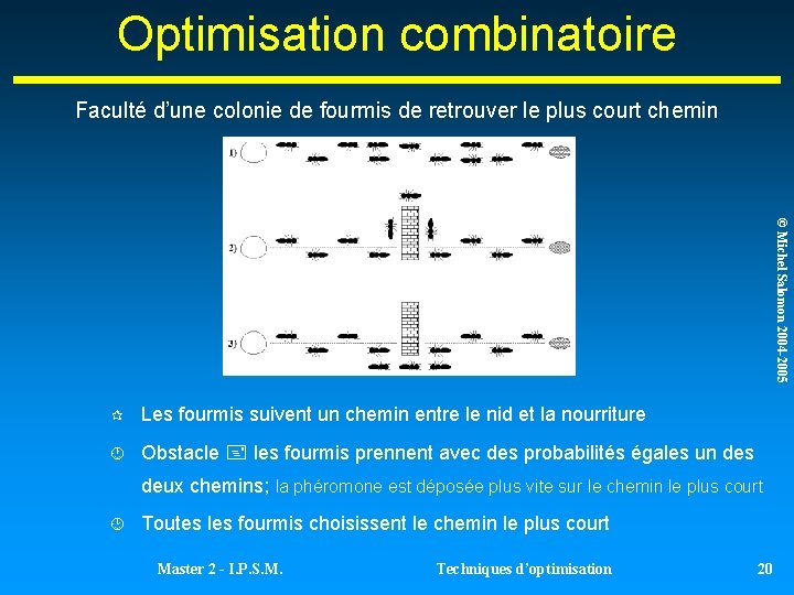 Optimisation combinatoire Faculté d’une colonie de fourmis de retrouver le plus court chemin © Optimisation combinatoire Faculté d’une colonie de fourmis de retrouver le plus court chemin ©