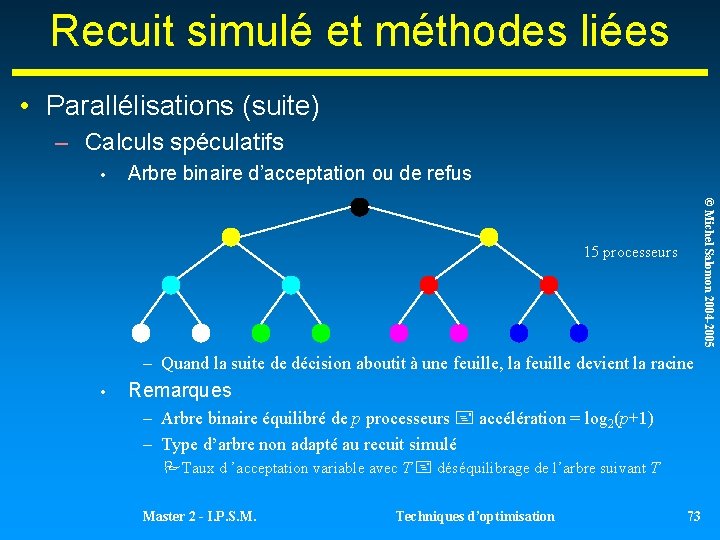 Recuit simulé et méthodes liées • Parallélisations (suite) – Calculs spéculatifs • Arbre binaire Recuit simulé et méthodes liées • Parallélisations (suite) – Calculs spéculatifs • Arbre binaire