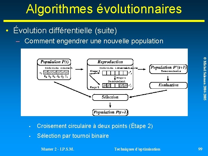 Algorithmes évolutionnaires • Évolution différentielle (suite) – Comment engendrer une nouvelle population © Michel Algorithmes évolutionnaires • Évolution différentielle (suite) – Comment engendrer une nouvelle population © Michel