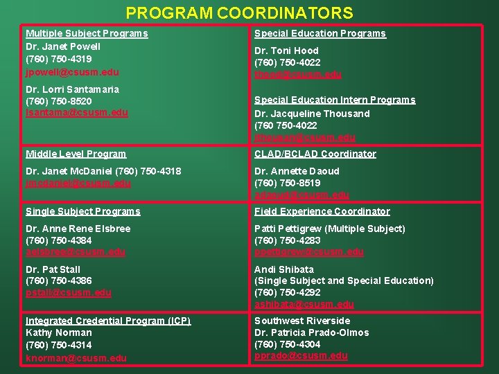 PROGRAM COORDINATORS Multiple Subject Programs Dr. Janet Powell (760) 750 -4319 jpowell@csusm. edu Dr.