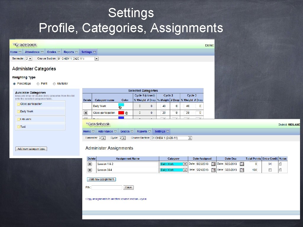 Settings Profile, Categories, Assignments 