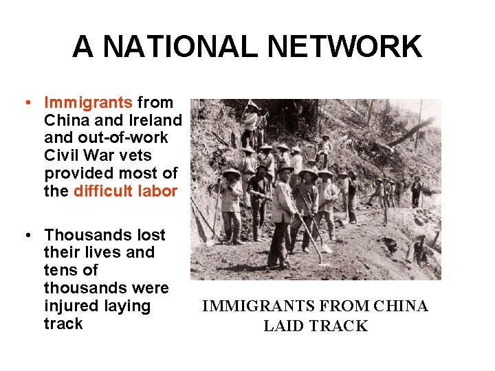 A NATIONAL NETWORK • Immigrants from China and Ireland out-of-work Civil War vets provided