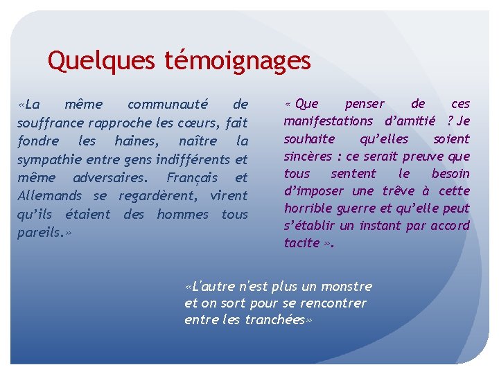 Quelques témoignages «La même communauté de souffrance rapproche les cœurs, fait fondre les haines,