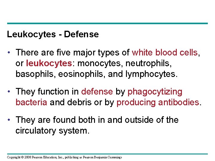 Leukocytes - Defense • There are five major types of white blood cells, or