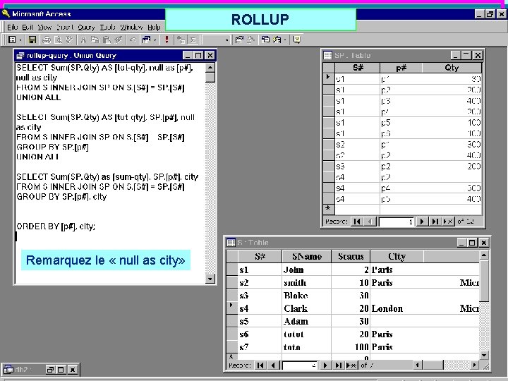 ROLLUP Remarquez le « null as city» 117 