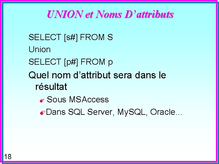 UNION et Noms D’attributs SELECT [s#] FROM S Union SELECT [p#] FROM p Quel