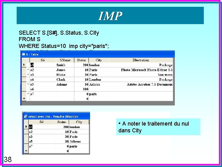 IMP SELECT S. [S#], S. Status, S. City FROM S WHERE Status=10 imp city="paris";