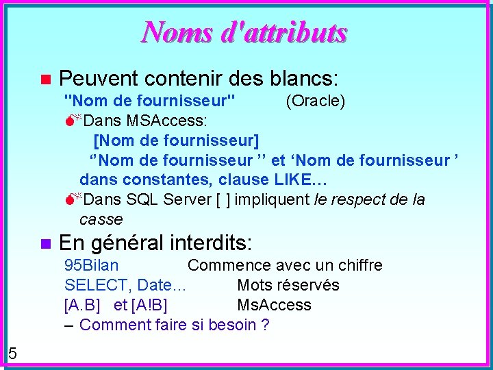 Noms d'attributs n Peuvent contenir des blancs: "Nom de fournisseur" (Oracle) MDans MSAccess: [Nom