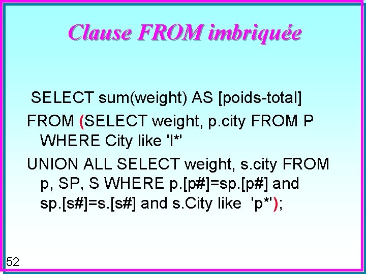 Clause FROM imbriquée SELECT sum(weight) AS [poids-total] FROM (SELECT weight, p. city FROM P