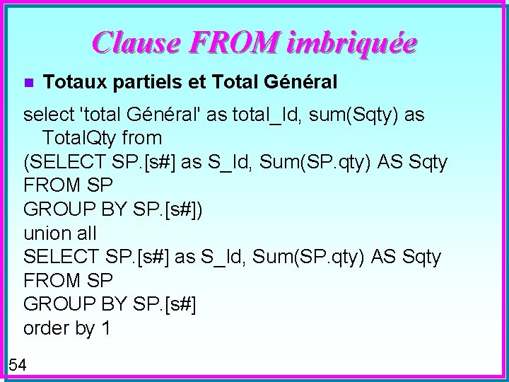 Clause FROM imbriquée n Totaux partiels et Total Général select 'total Général' as total_Id,