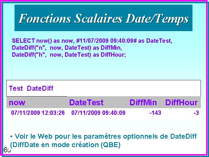 Fonctions Scalaires Date/Temps SELECT now() as now, #11/07/2009 09: 40: 09# as Date. Test,