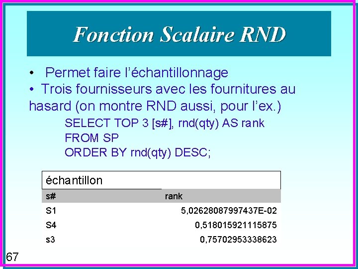 Fonction Scalaire RND • Permet faire l’échantillonnage • Trois fournisseurs avec les fournitures au