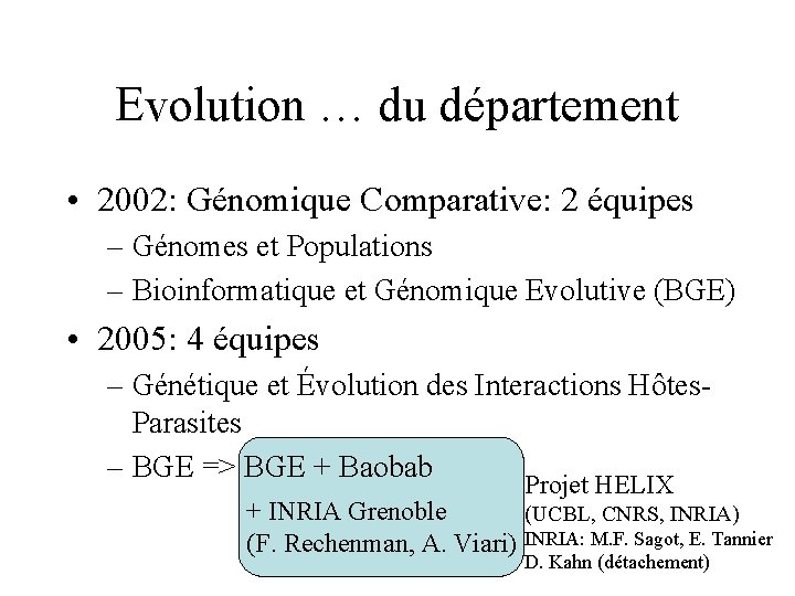 Evolution … du département • 2002: Génomique Comparative: 2 équipes – Génomes et Populations