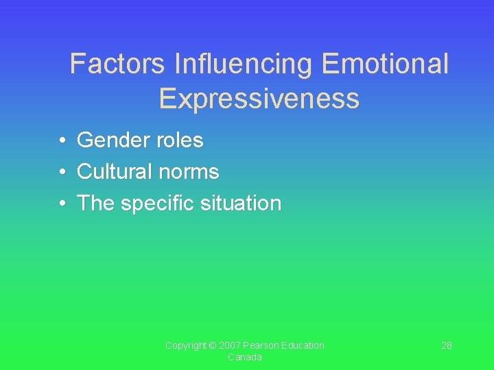Factors Influencing Emotional Expressiveness • • • Gender roles Cultural norms The specific situation Factors Influencing Emotional Expressiveness • • • Gender roles Cultural norms The specific situation