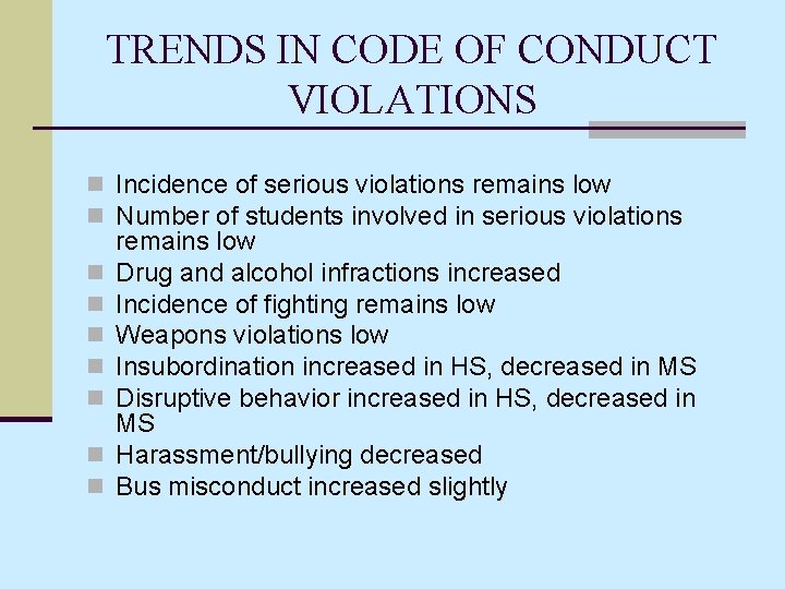 TRENDS IN CODE OF CONDUCT VIOLATIONS n Incidence of serious violations remains low n