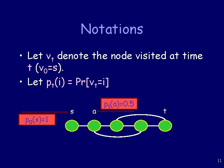 Notations • Let vt denote the node visited at time t (v 0=s). •