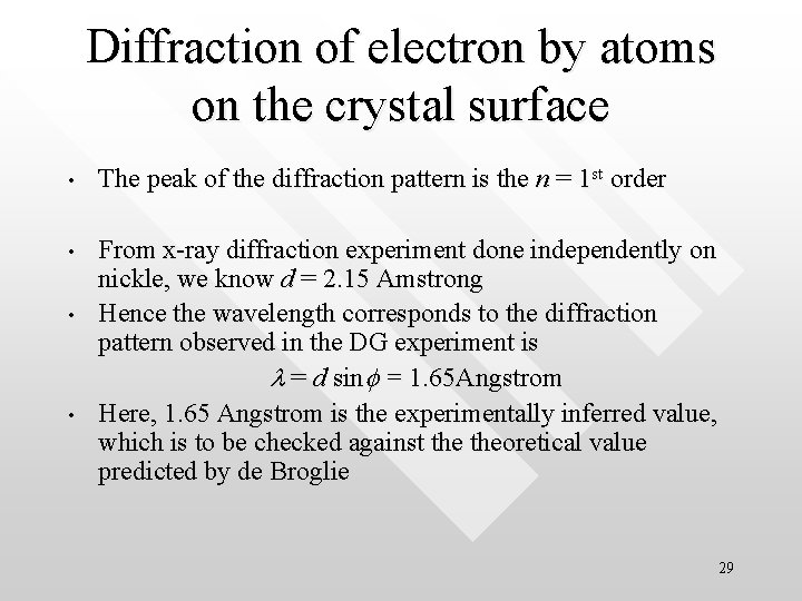 Diffraction of electron by atoms on the crystal surface • The peak of the