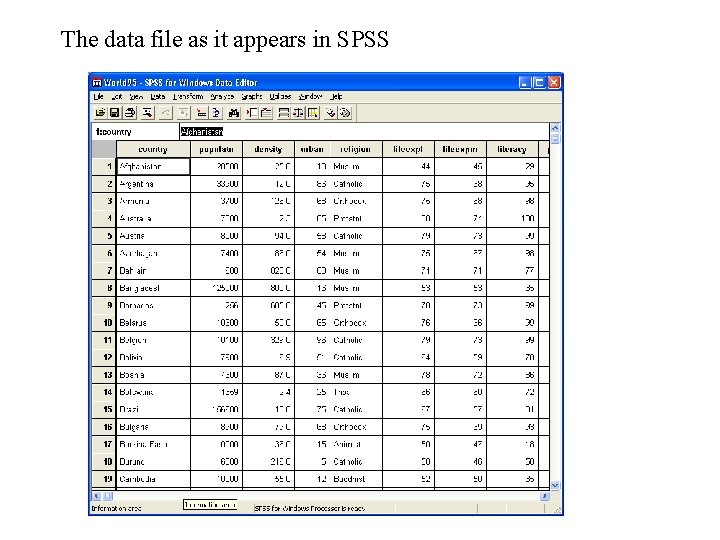 The data file as it appears in SPSS 