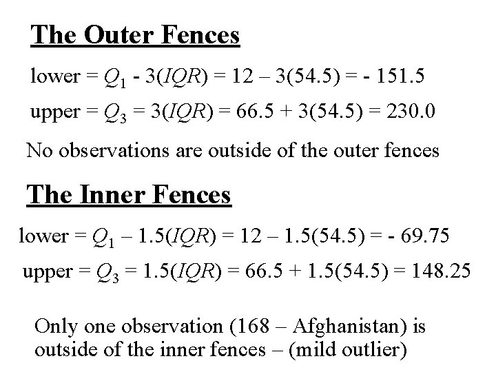 The Outer Fences lower = Q 1 - 3(IQR) = 12 – 3(54. 5)