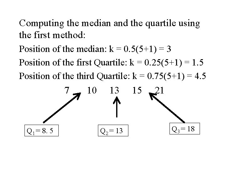 Computing the median and the quartile using the first method: Position of the median: