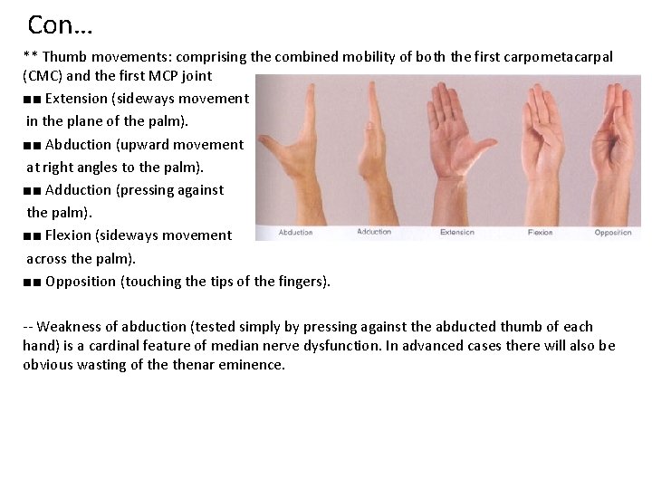 Con… ** Thumb movements: comprising the combined mobility of both the first carpometacarpal (CMC)