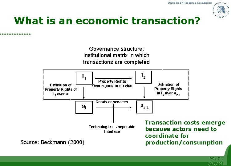 Division of Resource Economics What is an economic transaction? Governance structure: institutional matrix in